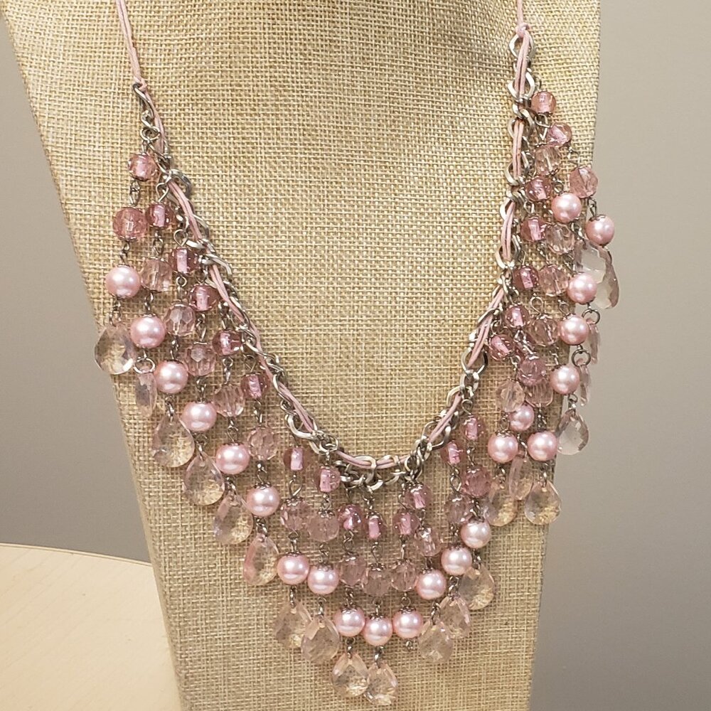 Pink Multi layer Multi beaded silver tone chain chord vintage statement necklace